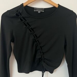 Black Stretchy Long Sleeved Top with Braided Asymmetrical Cutout